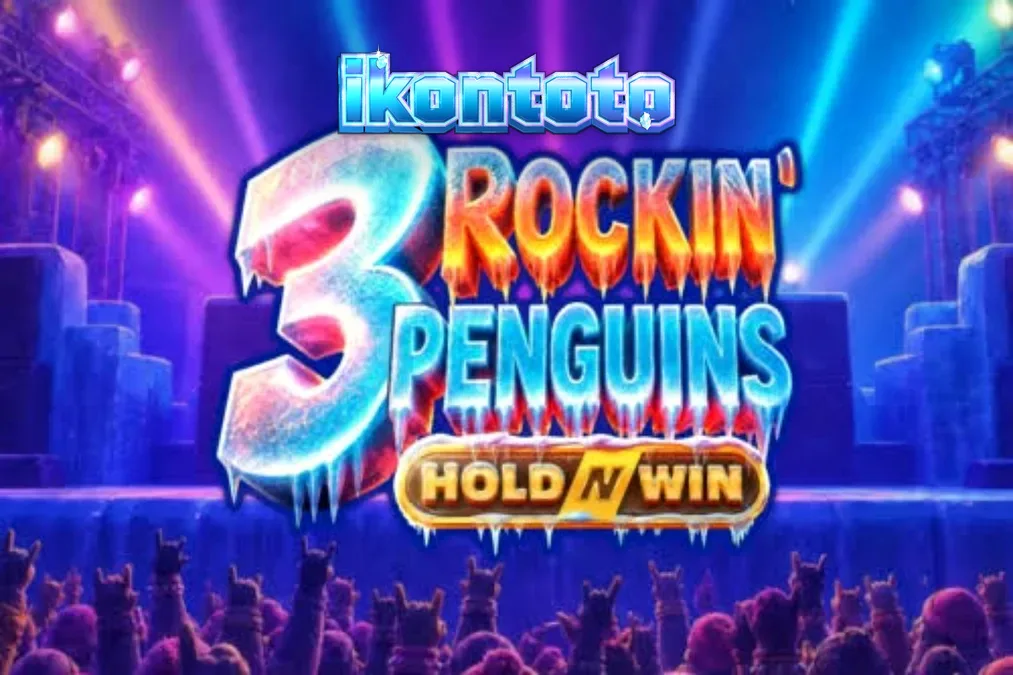 Trio penguin punk-rock di atas panggung konser es dalam slot 3 Rockin’ Penguins